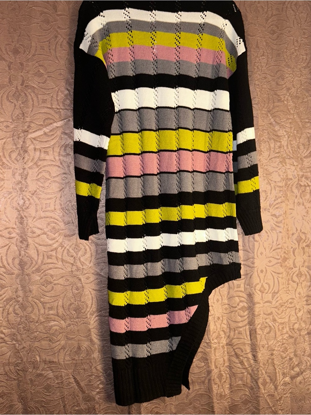 Ashley Stewart Black, Pink, Gray & Yellow Striped Asymmetrical Dress